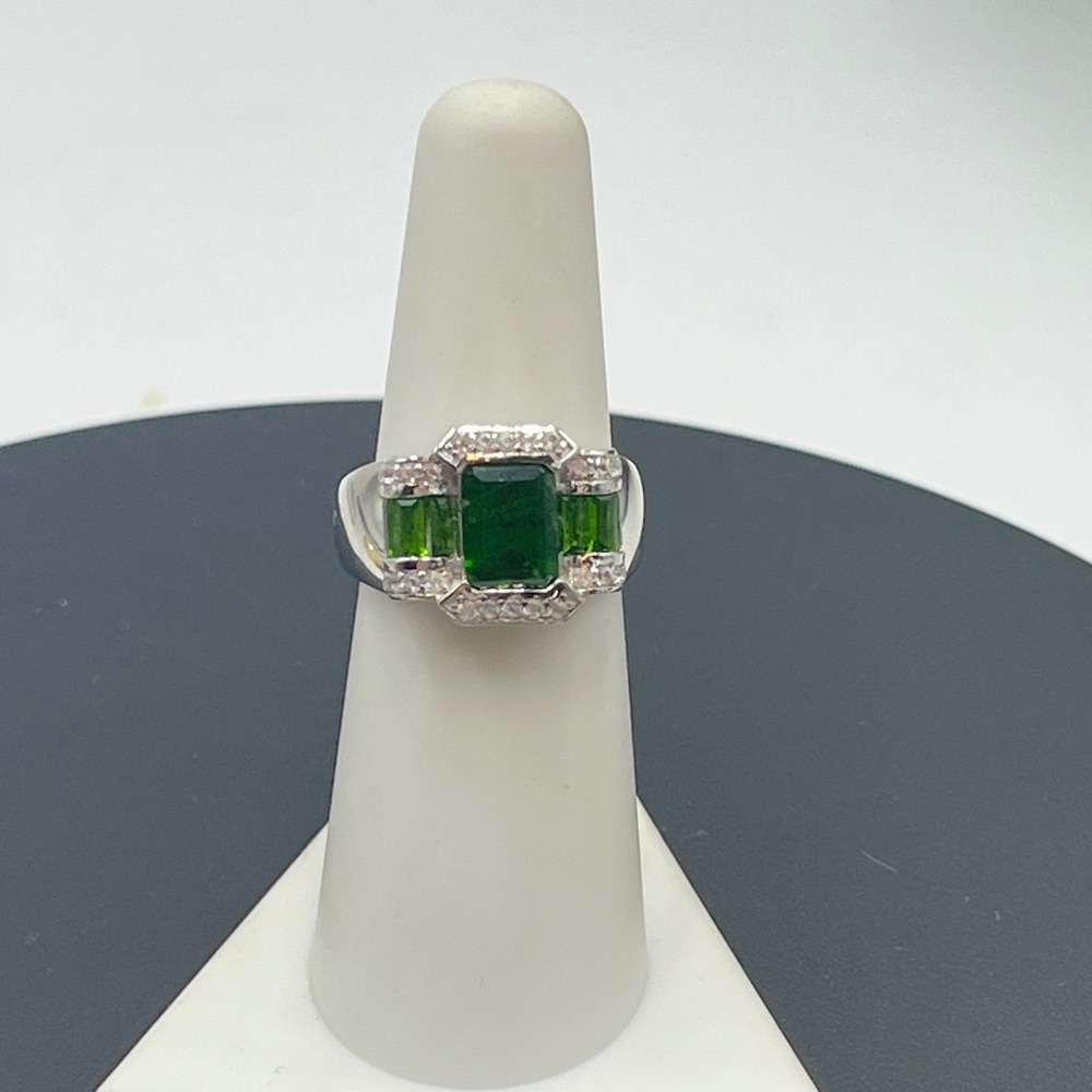BBJ Emerald Cut Chrome Diopside Round White Zircon Baguette Cocktail Ring 6.5